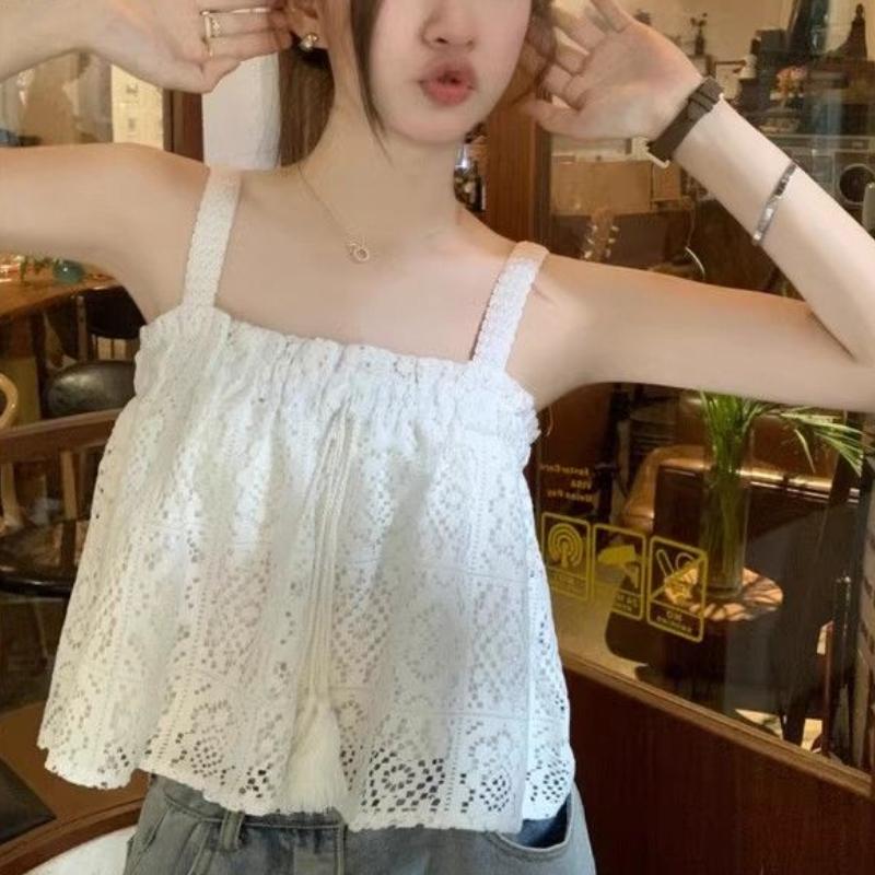 Female Summer Sweet Hook Flower Fungus Edge Tied Doll Lace Camisole Top