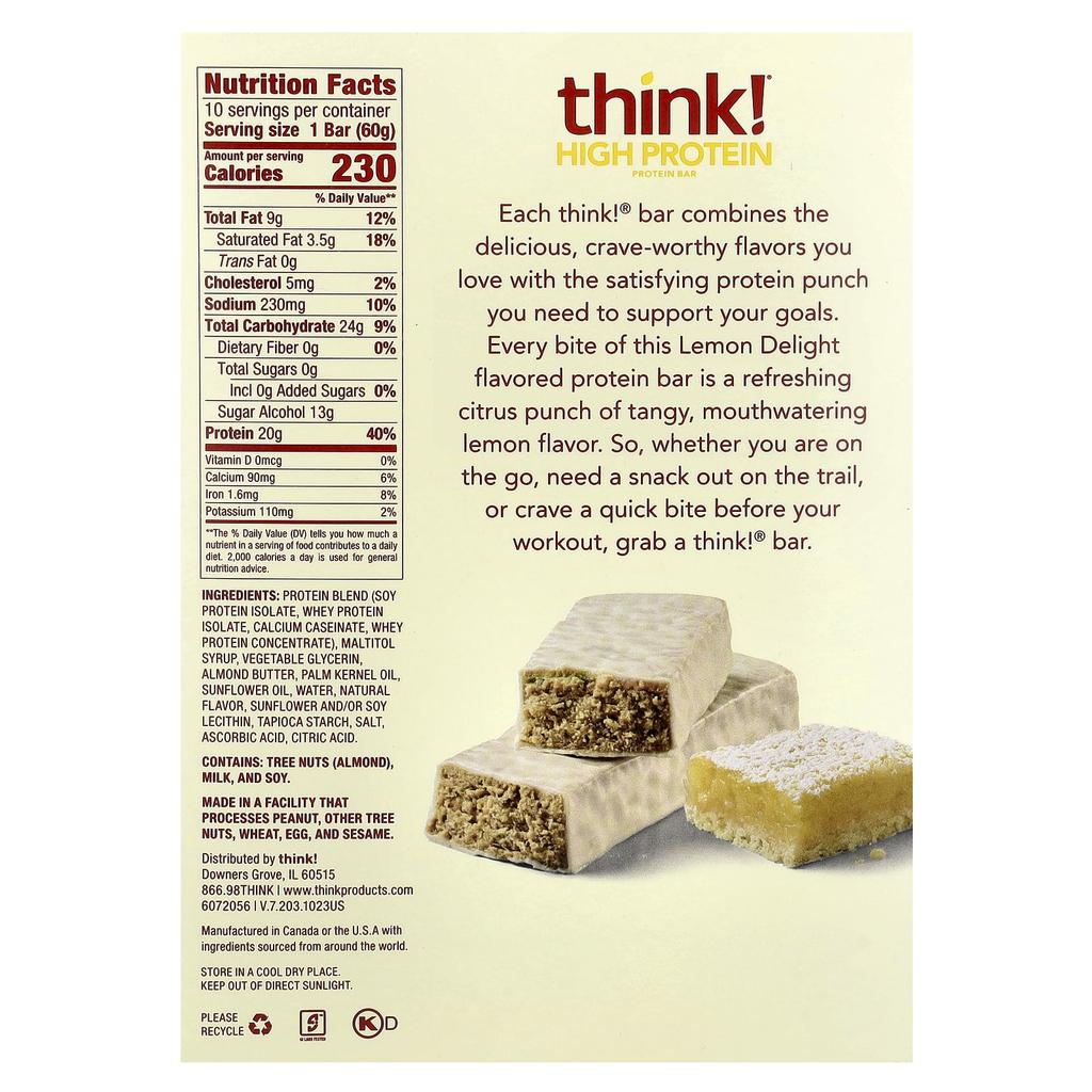 Think!, High Protein Bar, Lemon Delight, 10 Bars, 60G (2.1Oz) Each