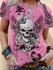 Gothic Skull Rose Print Women T Shirt Pink Floral Spider Web Casual Short Sleeve O-neck Dark Aesthetic Summer Tops
