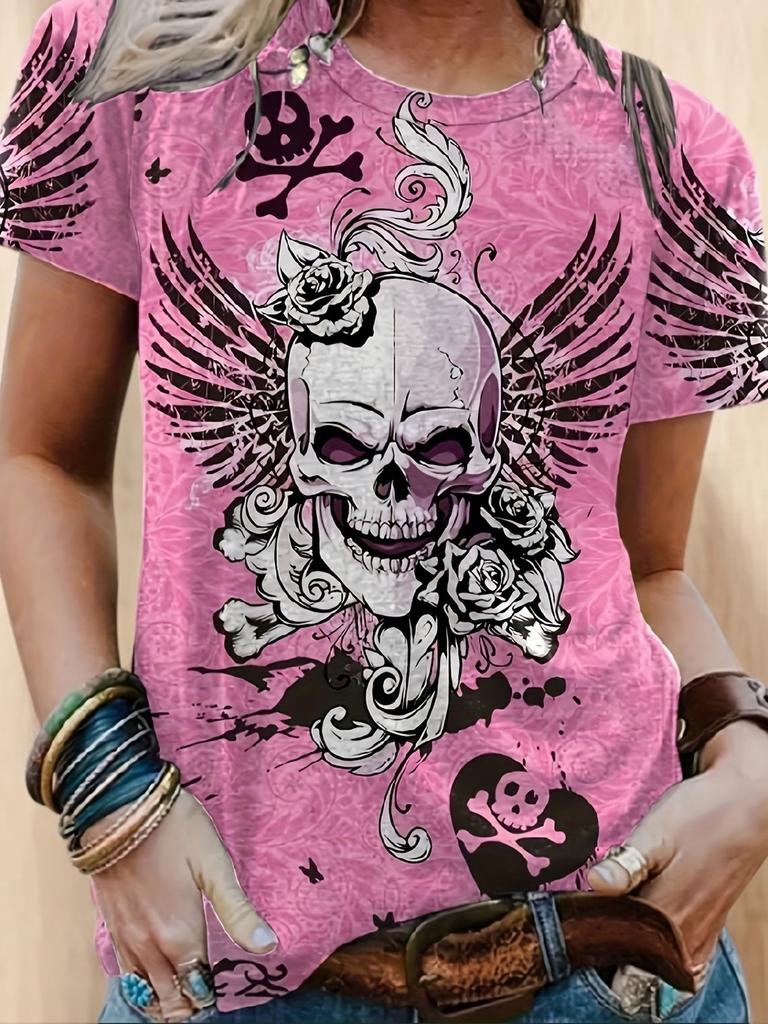 Gothic Skull Rose Print Women T Shirt Pink Floral Spider Web Casual Short Sleeve O-neck Dark Aesthetic Summer Tops