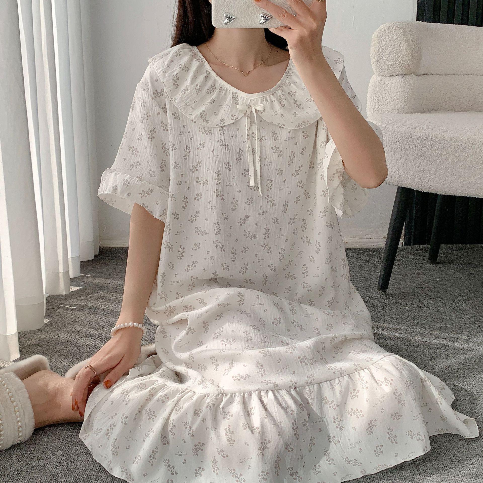 

Floral Print Cotton Nightgown: Cute Summer Style, Short Sleeve, Thin Long Dress, Plus Size. One Size