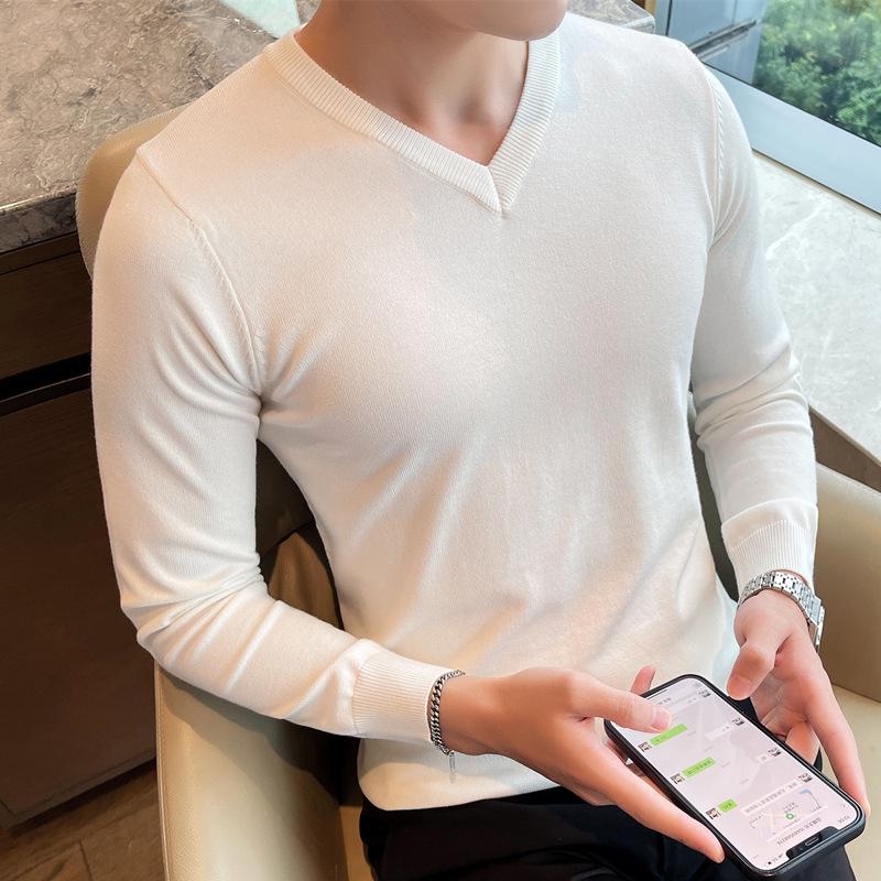 Men's Autumn-Winter V-Neck Slim Fit Woolen Sweater - Solid Color Long Sleeve Knitwear