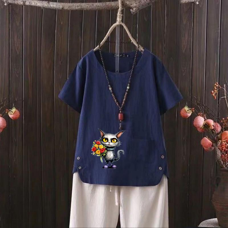 

Женская мода с принтом в виде кошачьих цветов, летняя повседневная свободная футболка с коротким рукавом, летняя блузка, топы 4XL темно-синий