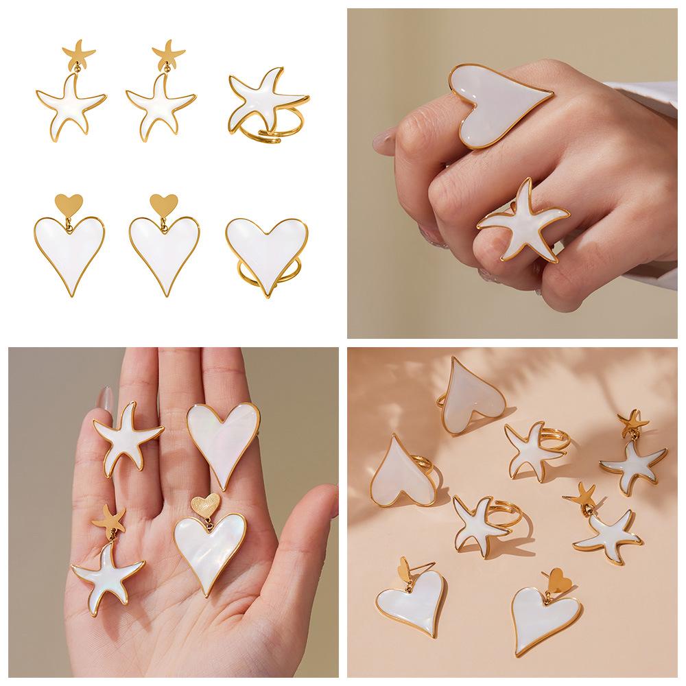 Oumeka Natural Seashell Heart Earrings & Ring Set - Stainless Steel Fashion Jewelry