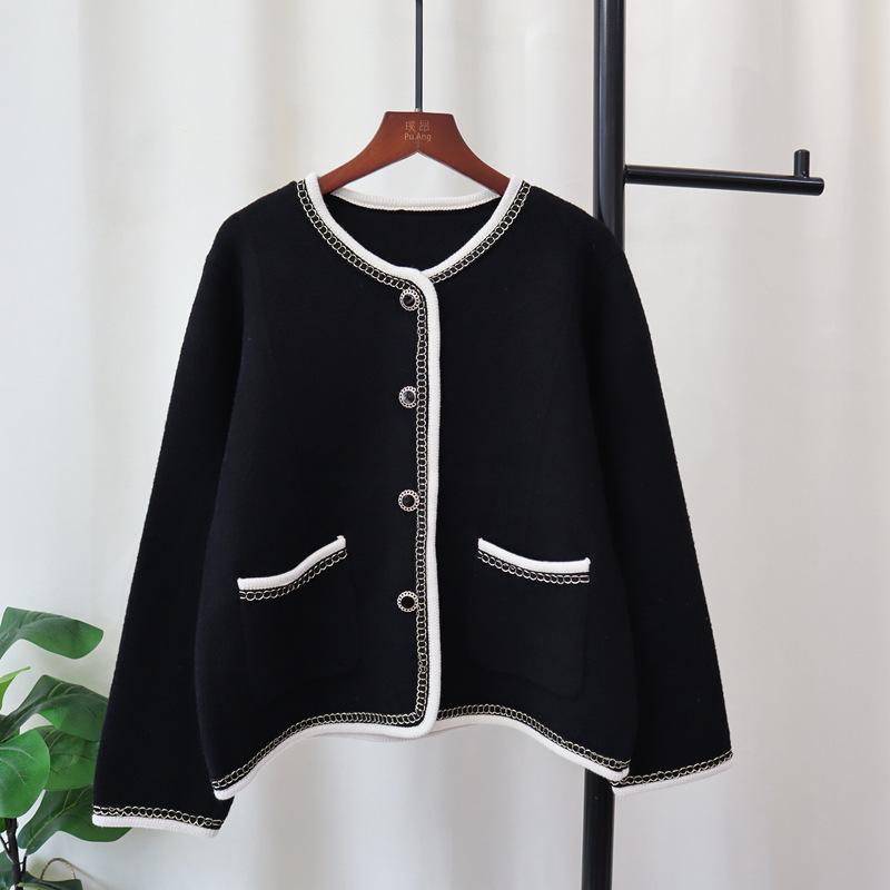 

Осень и зима новое чувство дизайна вязаный двусторонний шерстяной кардиган свободный темперамент свитер куртка женская one size fits all чёрный