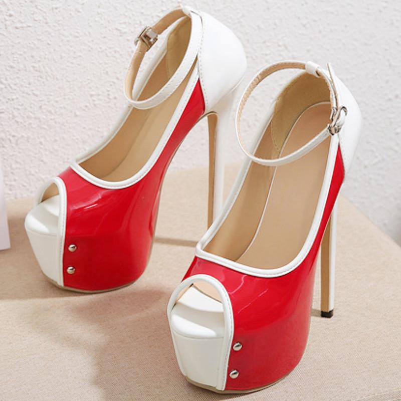Fashion Patchwork Buckle Slide Sandals Women 16 Cm Super High Heel Large Size Women Sandals Comfortable Patent Leather Party Dress Shoes