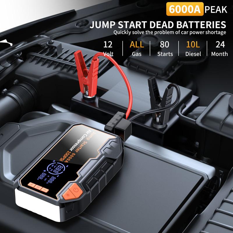 PAIVIROKU 6000A Car Battery Starter Booster & Tire Inflatable Compressor 150PSI Air Pump with Jump Starter Power Bank ,LED Light