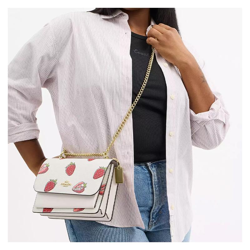 Coach Klare 22 Strawberry Print Coated Canvas and Leather Shoulder Bag Small Size for Women Gold and Chalk Multicolor