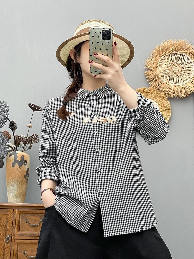 2026 Spring Korean Plaid Cartoon Embroidered Cotton Cardigan for Women