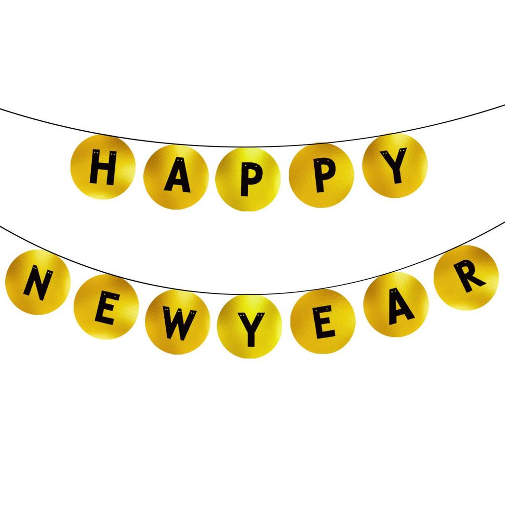 Glossy Gold Round 'Happy New Year' Bunting with 'HAPPY BIRTHDAY' Pull Flowers
