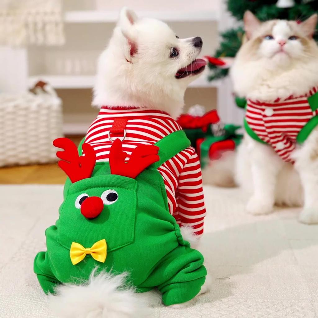 Striped Dog Christmas Clothing Breathable Warm Cats Christmas Coats Comfortable Elk Pocket Pet Dress Up Costume