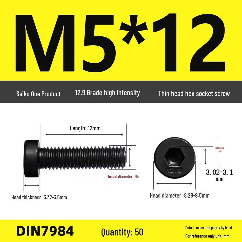 DIN7984 Grade 12.9 Thin Head Hex Socket Cap Screws - Sizes M3 To M16