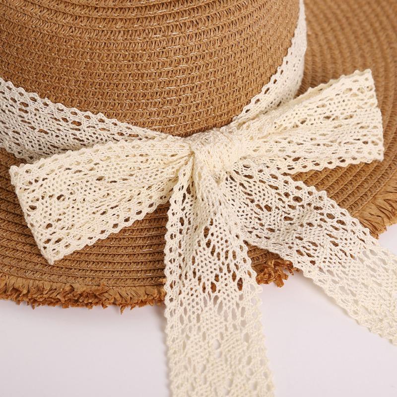 Summer Raffia Flat Top Burr Straw Hat Small Fresh Lace Bow Sweet Shade Outdoor Sun Hat Straw Hat