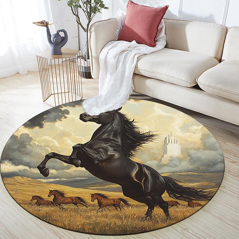 Black Horse Round Area Rug,Carpet Rug for Living Room Bedroom Sofa Playroom Decor,Non-slip Floor Mat
