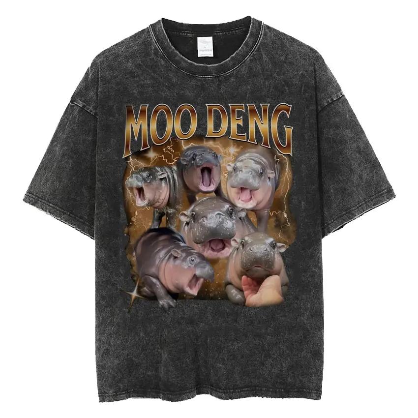 Cute Hippo Moo Deng Rap Vintage Washed T Shirt Funny Meme T Shirts Men Women Fashion Hip Hop Oversized Cotton T-shirt Streetwear S разноцветный