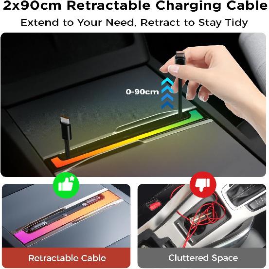 USB Hub For Tesla Model Y Juniper 2025-2026 & Model 3 Highland 2024-2025 Accessories, 120W USB-C Fast Charging With Retractable Cables, 2-Port Built