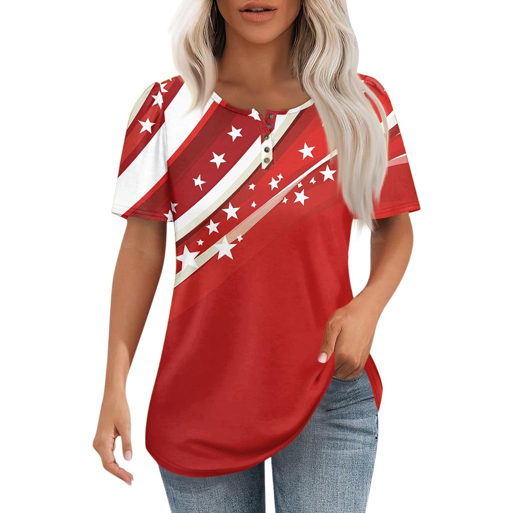 Damski modny, swobodny, krótki rękaw, guziki, nadruk, okrągły dekolt, bluzka typu pullover