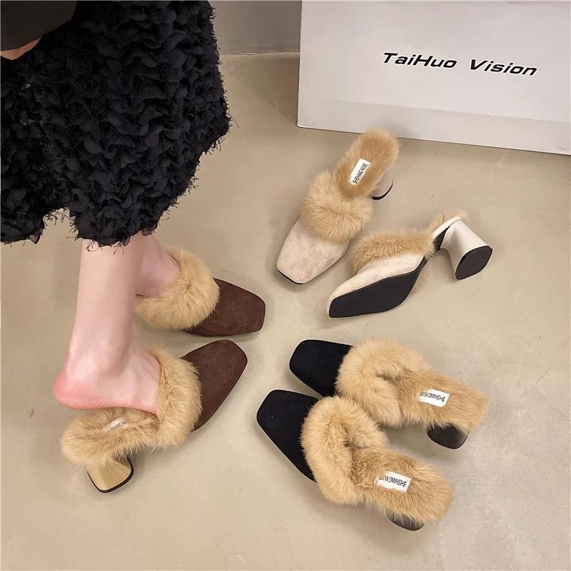 Fashion Home Furry Fur Slides Plush Slippers Fluffy Flip Flops Luxury High-heeled Shoes Women Fashion Shoe 2025 Zapato De Mujer Designer