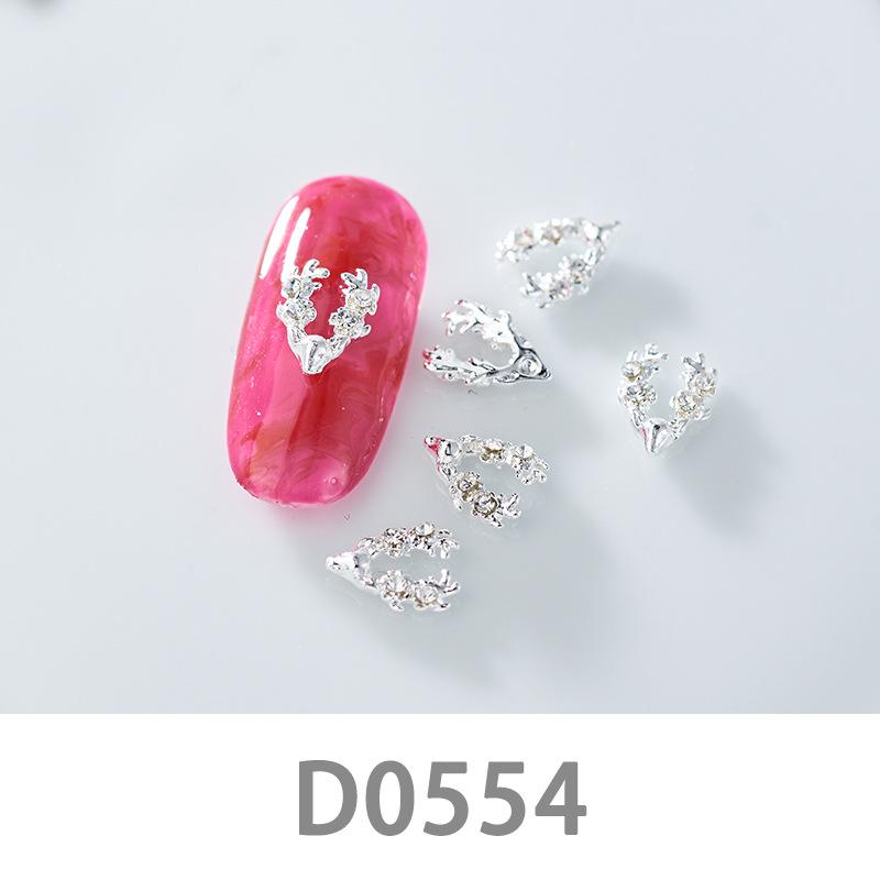 10Pcs Gold Silver Elk Antler Shape Alloy Diamond Nail Ornament Manicure Decoration Accessories