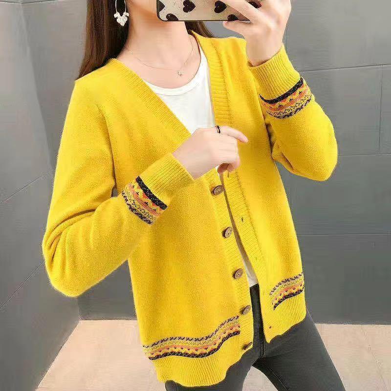 Women's Knitted Sweater Spring and Autumn Models V-neck Colour Blocking Long-sleeved Ethnic Wind Cardigan Jacket Jumper Ladies Tops
