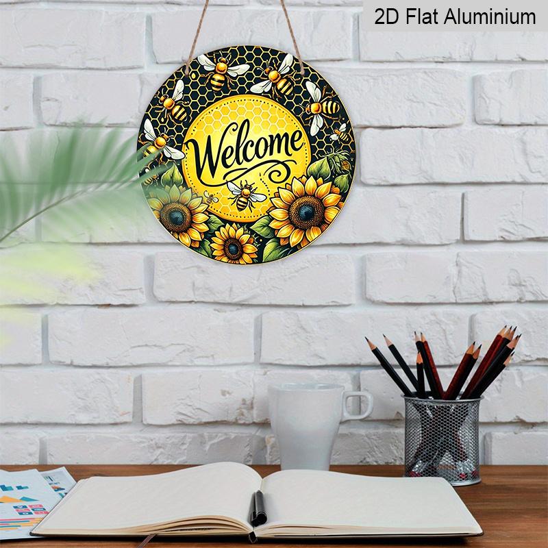 2D Flat, 1pc Vintage Honeycomb Bee & Sunflower Welcome Sign - Rustic Metal Wall Art with Golden/Yellow Honeybee Design, Welcome Lettering - Durable