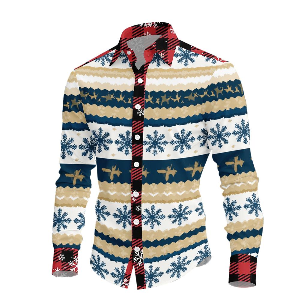 Men's Casual Long Sleeve Shirt with Christmas Print for Spring and Everyday Wear