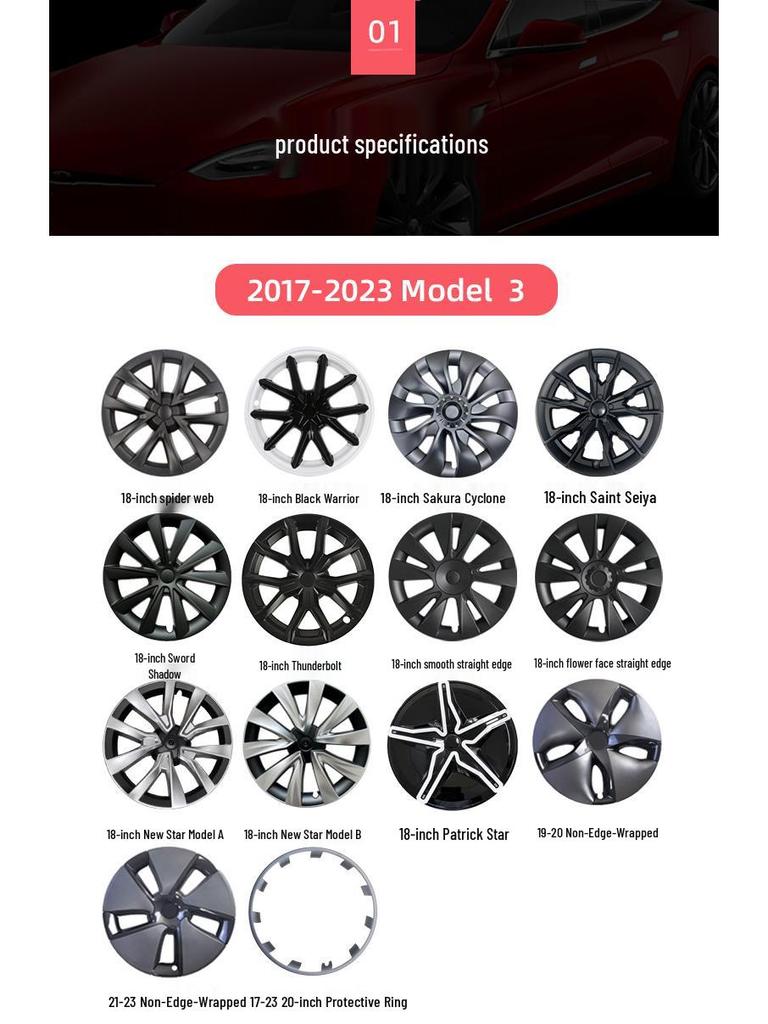 Tesla Model 3 Wheel Hub Caps & Rim Protectors for 17-25 Versions, 18-inch