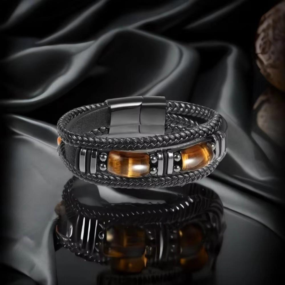 Mehrschichtiges Lederarmband Geflochtenes Perlenarmband Tigerauge Steinarmband Damen