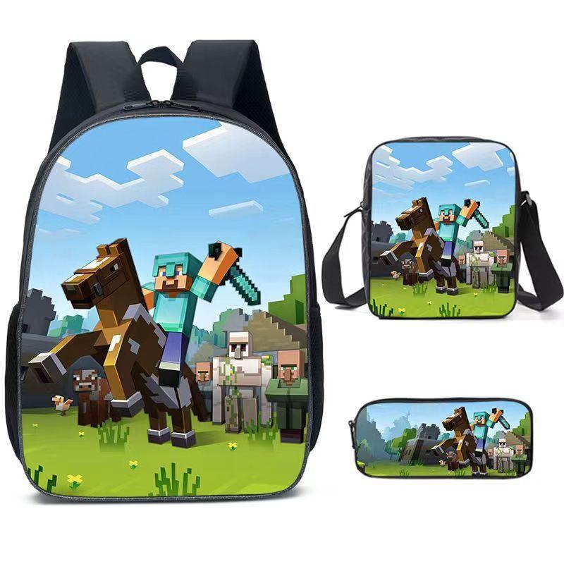 Minecraft Cartoon Print Backpack Set 3-Piece Student School Bag Water-Resistant Large Capacity Unisex