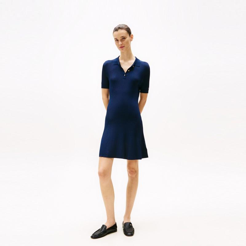 Tommy Hilfiger Textured Metal Button Polo Collar Slim Fit Short Sleeve Dress Women Dress WW0WW45512