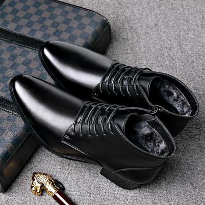Men's Winter Pointed Toe Leather Chelsea Boots with Velvet, Lace-up Roman Style, High Heel Martin Design