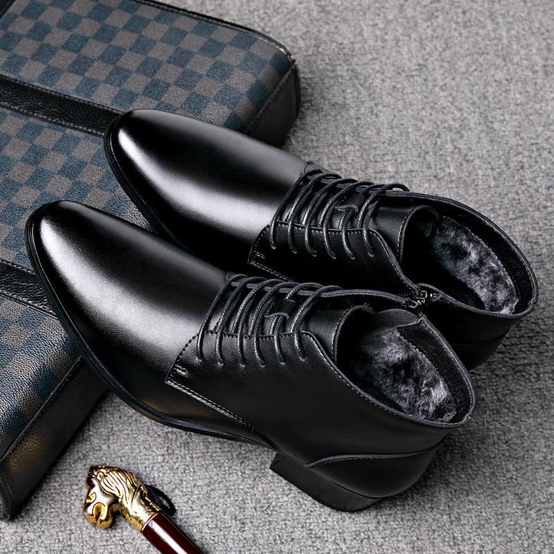 Men's Winter Pointed Toe Leather Chelsea Boots with Velvet, Lace-up Roman Style, High Heel Martin Design