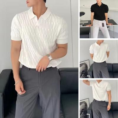 Summer Men Lapel V-neck Knitting Tops Short Sleeve Solid Color Loose Fit