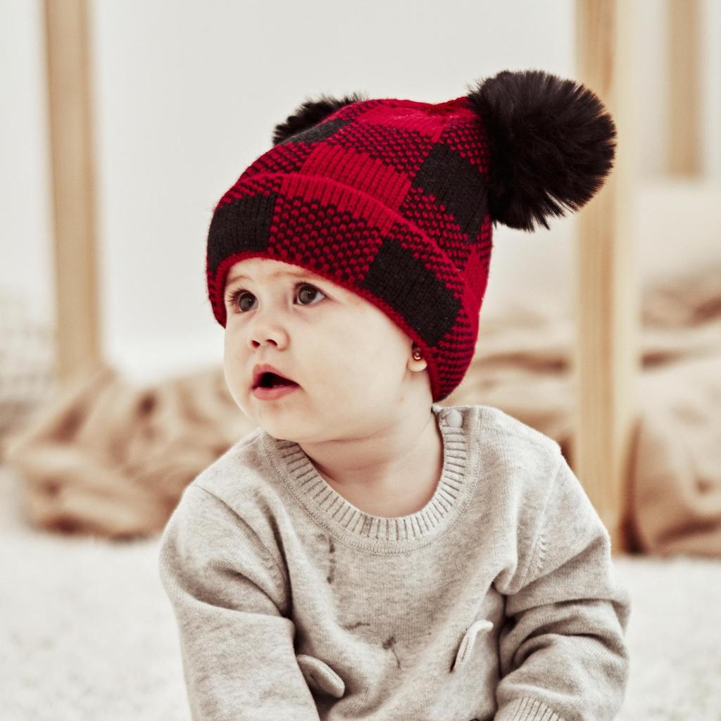 New spot autumn and winter hairball parent-child knitted hat, plaid mother baby Christmas warm hat