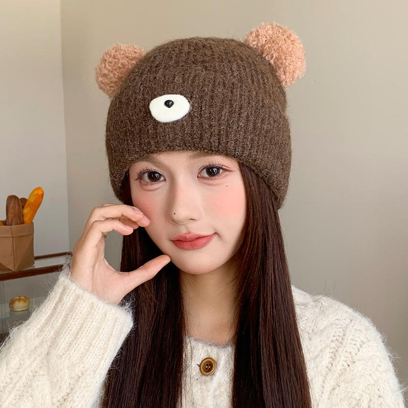 Japanese Cute Bear Hat Women's Autumn and Winter Knitted Hat Large Head Circumference Plus Velvet Cold Proof Woolen Hat Warm Ear Protection Hat