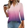 Modisches lässiges Damen-T-Shirt-Top mit Farbblock-Gradienten-Print, V-Ausschnitt, Knopfleiste und Dreiviertelärmeln