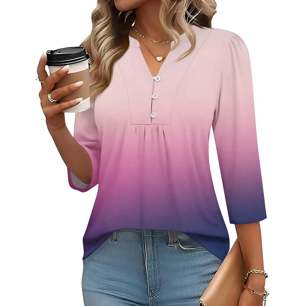 Modisches lässiges Damen-T-Shirt-Top mit Farbblock-Gradienten-Print, V-Ausschnitt, Knopfleiste und Dreiviertelärmeln