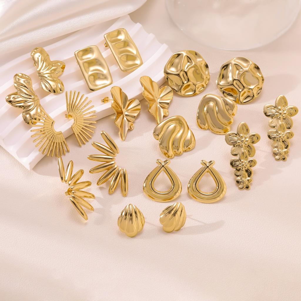 Fashion Stainless Steel Flower Irregular Earrings Exaggerated Hypoallergenic Hammered Texture Stud Earrings for Women