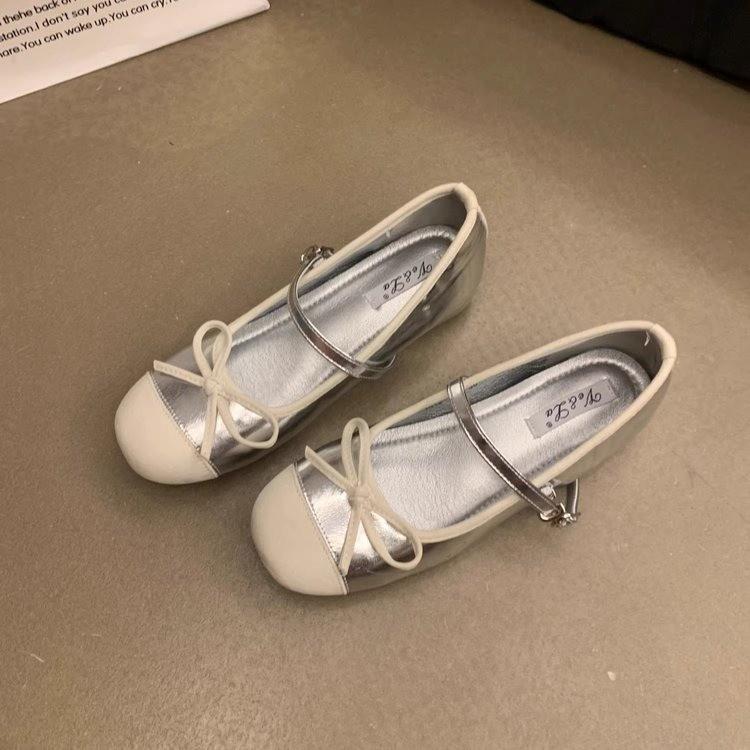 Fairy Style Silver Bow Mary Jane Shoes Women's 2024 Summer New French Flat Bottom Inner Height Increase Single Shoes Women's Shoes