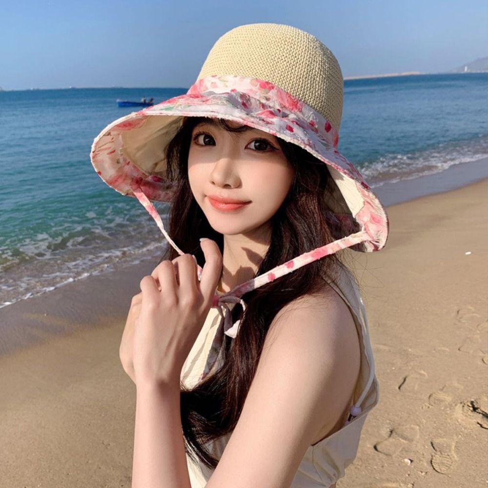 Big Brim Foldable Crossbody Bag French Style Women's Sun Hat Summer Straw Sun Hat  Outdoor