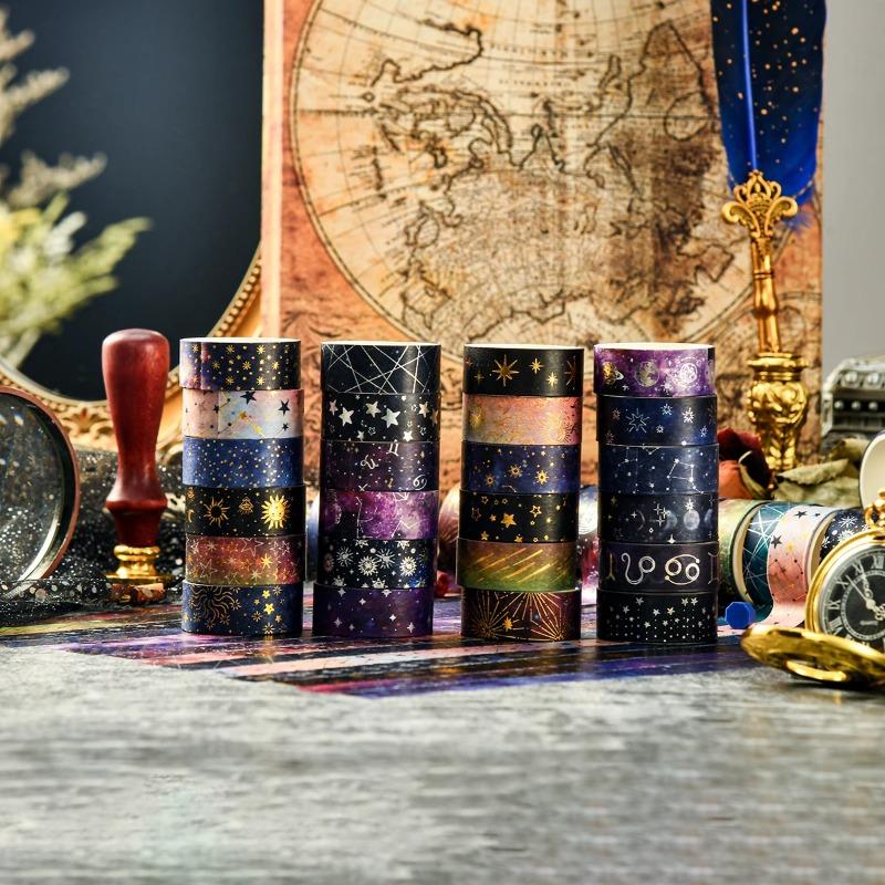 12 Rolls of Starry Sky Bronzing Pattern Washi Tape, Constellation Pattern Tape and Gift Wrapping Decoration, Gifts for Friends