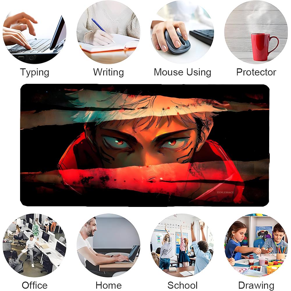 Gaming Mouse Pad Large Desk Mat Antislip Rubber Base Stitched Edges Red Black Anime Guy with Glowing Eyes Print for Gaming 400x800x2mm