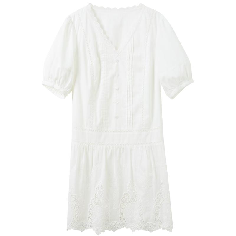 Sancai 2026 Summer Embroidered V-Neck Bubble Sleeve A-Line Short Dress