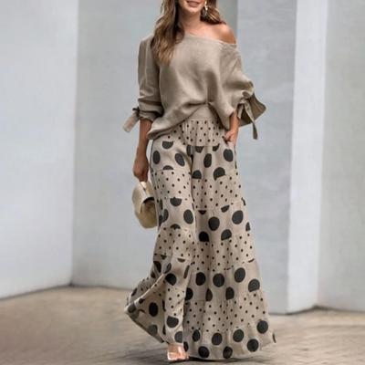 2 Pcs/Set Women T-shirt Pants Set Slant Neck One Shoulder Long Sleeve Bow Cuff Top Loose High Waist Wide Leg Printed Long