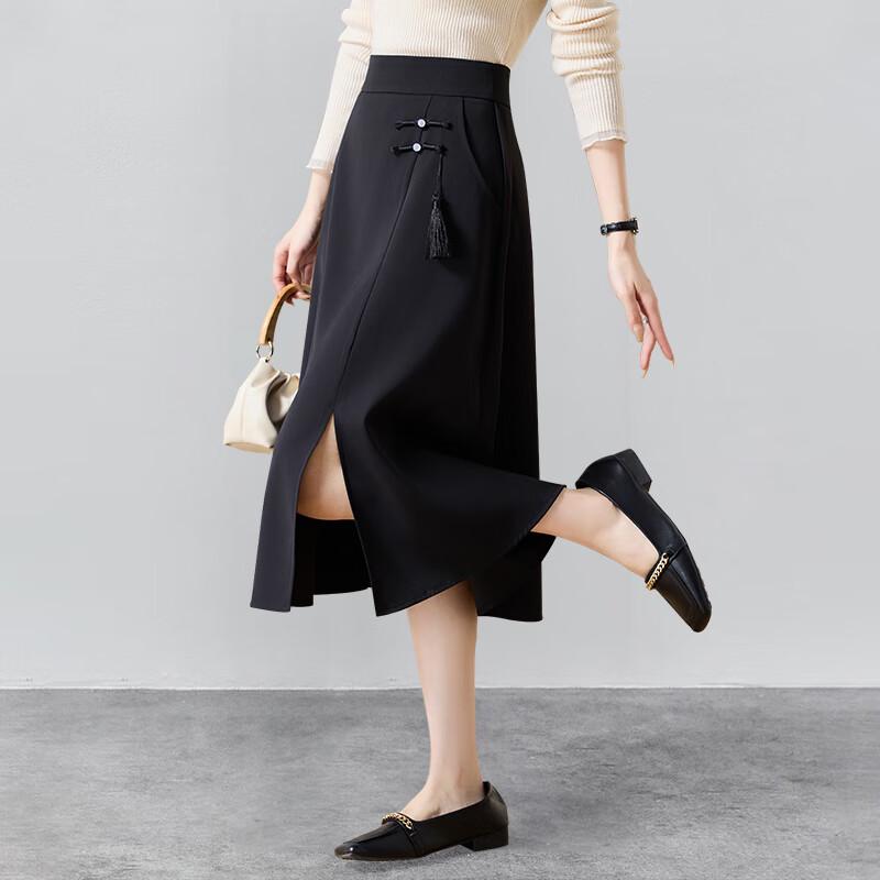 Elegant New Chinese Style A-Line Midi Skirt