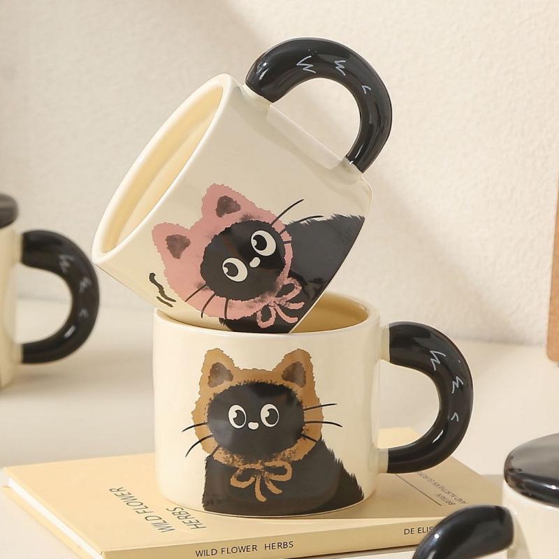 Adorabile Tazza Gatto con Coperchio - Tazza da Caffè in Ceramica per Regalo d'Ufficio per Ragazze
