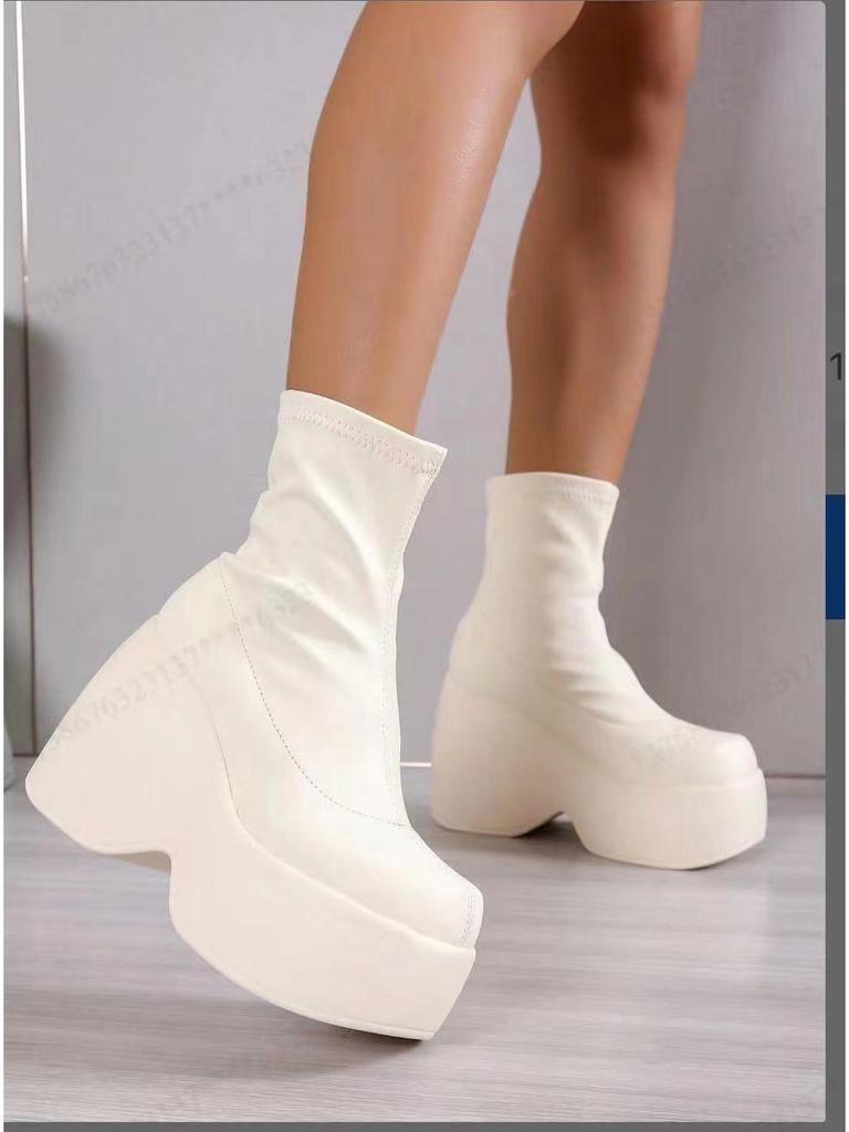 2022 Herfst/Winter Damesmode Wedge Hak Enkellaarsjes - Dikke Zool, Plateau, Mid-Kalf Hoog, Slankmakend Elastisch Design