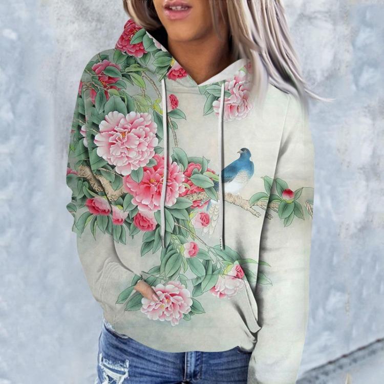 Floral Print Hooded Casual Women's Sweatshirt Fashion Long Sleeve Top