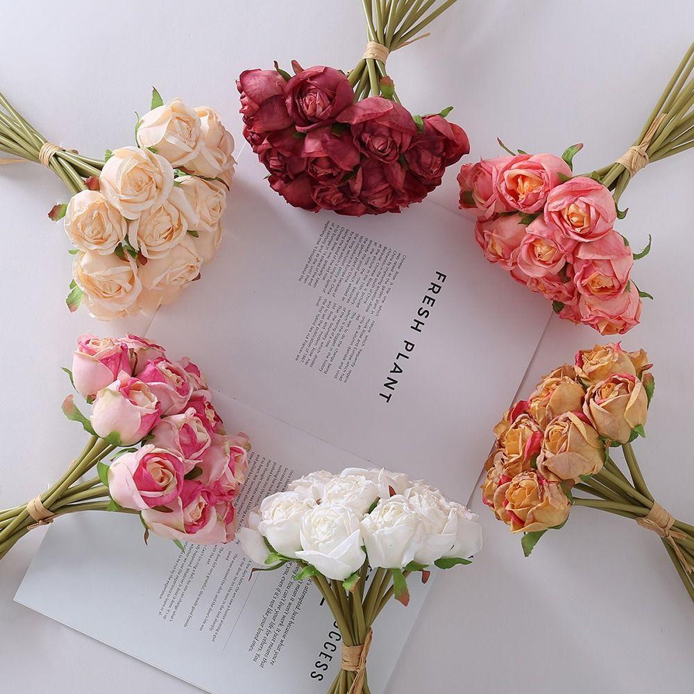 12PCS/bunch Multicolor Rose Artificial Flowers Silk Petals Green Stem Faux Rose Flower Scene Landscaping Bridal Bouquet