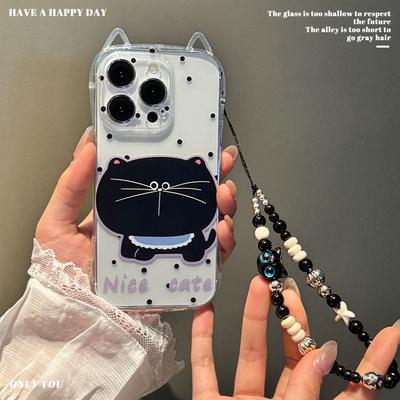 Neues Modell Geeignet für IPhone16promax Großes Gesicht Schwarze Katze Schutzhülle Apple 15 Niedliche Polka-Dot-Lanyard Handyhülle